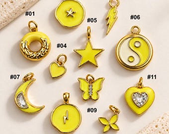 Gold Filled Enamel Charms, Yellow Pendant Charms, Star Heart Butterfly Moon Charms, DIY Jewelry Making Supplies, Bracelet Necklace, Lot050