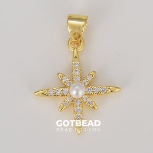 Dainty Gold Filled North Star Charm Necklace, Bethlehem Star Pendant with Pearl in Gold Celestial Jewelry Making Supply, 21x16mm, CP1610