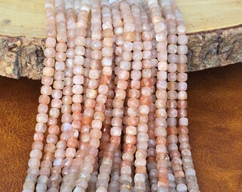 Natural Peach Moonstone Beads 4x4mm Faceted Cube Gemstone Beads, 15.5 Inch Strand for Jewelry Making PRP1335