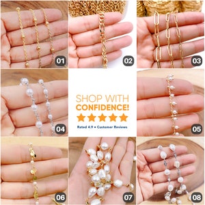 May include: Assortment of gold and silver chains and pearl strands, displayed on hands. The chains and strands are arranged in rows, with each row numbered 01 through 08. The text "SHOP WITH CONFIDENCE!" and "Rated 4.9 Customer Reviews" is displayed below the rows.