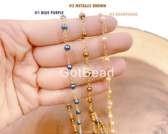 Shell Pearl Beaded Chain by Foot, Wholesale Bulk Roll Beaded Chain in 18K Gold for Necklace Bracelet Jewelry Making, CH204