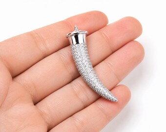 Silver CZ Horn Pendant Charm, Pave Cubic Zirconia Tusk Pendant, Statement Necklace Charm for DIY Jewelry, Gift for Her, CP274
