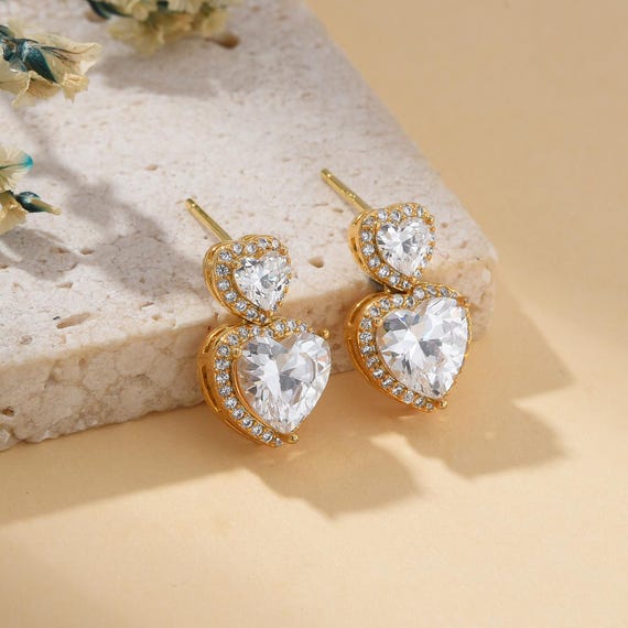 Gold Plated Heart Drop Earrings With CZ Accents, Double Heart