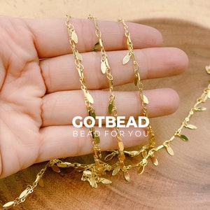 18K Gold Leaf Charm Chain Jewelry Supplies, Round 18K Gold  Leaf Chain by Foot, Polished Gold  over Brass, CH223
