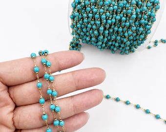 Gold Filled Turquoise Beaded Rosary Chain by the Foot, Faceted Turquoise Chain for Jewelry Making, DIY Necklace Chain, Gift for Her, CH353