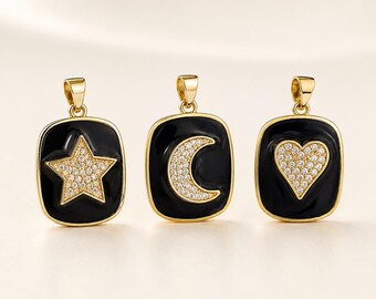 Black Enamel Star Moon Heart Charm, Gold Filled Celestial Pendant Necklace, CZ Crystal Jewelry, Unique Gift for Her, Statement, CP1061