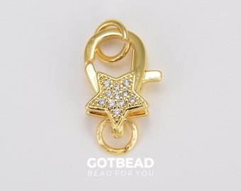 18K Gold Star Clasp for Bracelet Necklace Buckle Micro Paved, CZ Cubic Lobster Clasp Fastener for Beading Supplies Component, 19x11mm, CL500