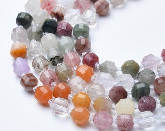 Natural Grade AAA Mix Quartz Faceted Round Prism Cut Beads Strand 15.5", 9mm 11mm Gemstone Loose Beads for Jewelry Making, DIY Crafts GRN626