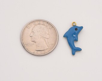 Gold Filled Dolphin Charm, Blue Enamel Ocean Animal Pendant in Stainless Steel for DIY Necklace Bracelet Jewelry Making, SCP124