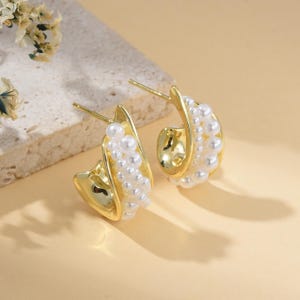 Chunky Pearl Hoop Earrings, Gold Plated Brass Huggie Hoops with Faux Pearl Beads, Dainty Bold Statement Earrings Gift for Women, ER337