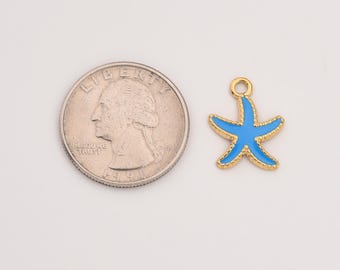 Gold Filled Starfish Charm, Stainless Steel Blue Enamel Ocean Pendant for DIY Necklace Bracelet Jewelry Making, Gift for Women, SCP153