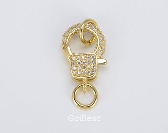 Chiusura a moschettone in oro 18 carati, chiusura a moschettone con micro pavé di zirconi trasparenti, potenziatore di chiusura cubica, fai da te, fornitura per la creazione di gioielli, 21 x 10 mm, CL487