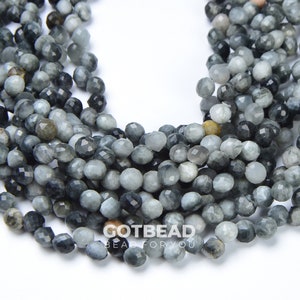 Hawk Eye Beads Chatoyant, Eagle Eye Beads Faceted 6x8mm, Round Beads Natural Silvery Dark Gray Semi Precious Gemstone, 15.5&quot; Strand PRP550