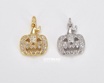 Ciondolo a forma di zucca di Halloween con micro pavé di zirconi cubici, ciondolo a forma di zucca di Halloween riempito in oro 18 carati, 15 x 13 mm, CP1032