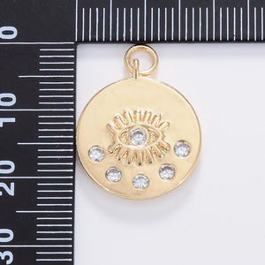 Ciondolo con medaglione piccolo con occhio maligno riempito d'oro, ciondolo con zirconi cubici, amuleto, protezione, fornitura per la creazione di gioielli, collana, braccialetto, 23x18 mm, CP1681