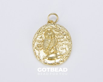 18K Gold Filled Owl of Athena Gold Coin Pendant, Greek Coin Pendant Earing DIY Owl of Minerva Coin Pendant, Owl of Athena coin Charm, CP1452