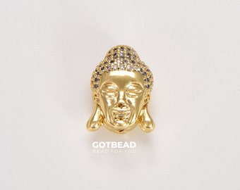 18K Gold   Buddha Head Beads Micro Pave Cubic Zirconia Charm Buddha Head Space Beads Buddha Bracelet 11mm BD064