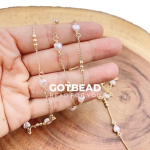 Beaded Heart Pearl Chain by Yard, Gold Filled Curb Chain by Foot, Acrylic Pearl, Wholesale Bulk Roll Chain for Jewelry Making, CH288