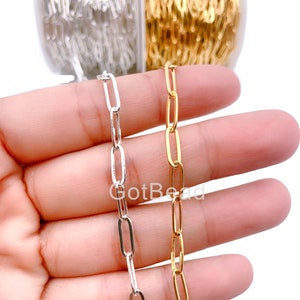 Paperclip Chain by Foot, Oval Link Chain, 24K Gold Shiny Silver Paperclip chain , Wholesale Bulk Roll Chain Jewelry Making, 11x4x1mm, CH108M