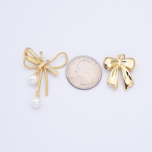 Pearl Bow Ribbon Charm Pendant, Gold Filled Bow Ribbon Micro Paved CZ Charm Necklace Bracelet Earring Supply for Jewelry Making, CP2157