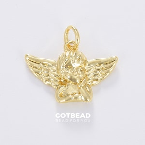 Ciondolo Cupido in oro, Angelo cherubino, Ciondolo angelo custode riempito in oro per componente collana, bracciale e orecchini, 16x10mm, CP1680