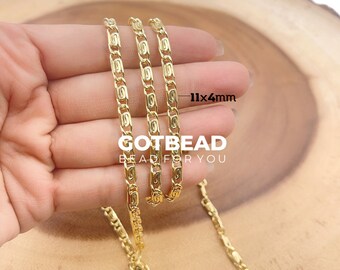 May include: Three gold chains with a 11x4mm link size. The chains are made of metal and have a shiny finish. The chains are laid out on a wooden surface. GOTBEAD BEAD FOR YOU is printed on the image.