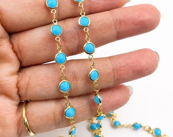 Gold Filled Turquoise Beaded Rosary Chain by the Foot, Faceted Turquoise Chain for Jewelry Making, DIY Necklace Chain, Gift for Her, CH353