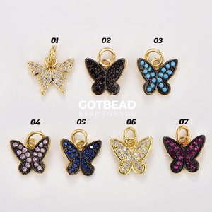 Delicato ciondolo a forma di farfalla in micro pavé dorato, ciondolo a forma di farfalla minimalista per collana, orecchini, bracciale, in oro riempito, 11 x 10 mm, CP1815