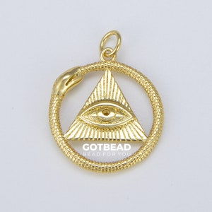 Ciondolo triangolo con occhio maligno Ouroboros, ciondolo cerchio riempito in oro 18K con occhio maligno per fornitura di gioielli per collane e bracciali, 25 x 19 mm, CP1579