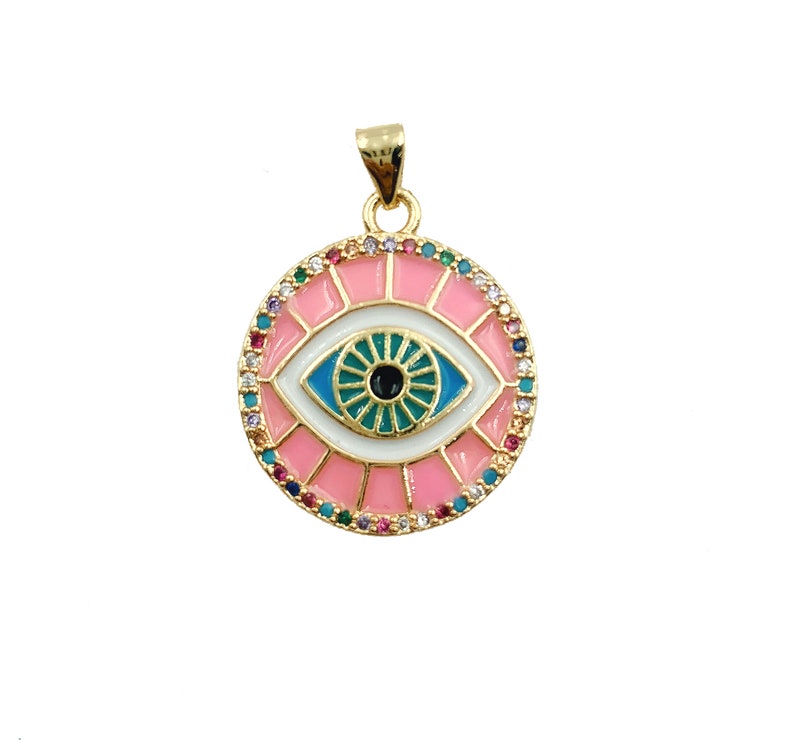 14K Gold Filled Round Enamel Evil Eye Charm Pendant CZ Micro Etsy