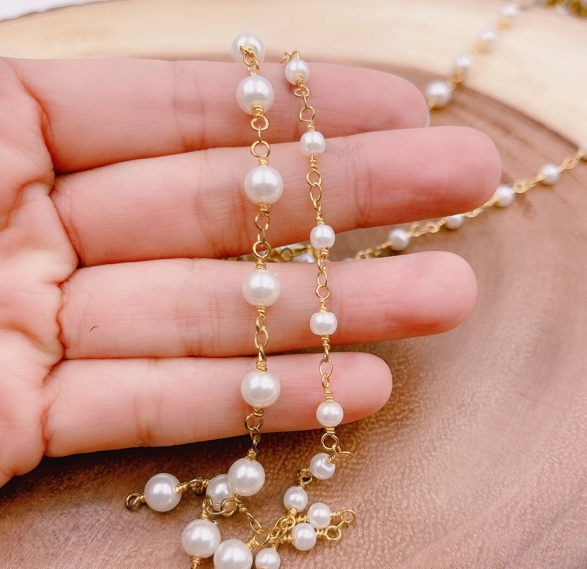 14K Gold Pearl Chain White Pearl Rosary Chain Bulk Chain Etsy
