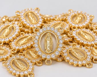 20PCS Gold Filled Virgin Mary Charm, CZ Religious Medal Pendant, Mother Mary Connector, Rhinestone Prayer Charm for Jewelry Making, CN403