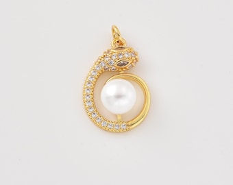 Gold Filled Snake Pearl Charm, CZ Snake Pendant, Serpent Pearl Pendant, Minimalist Animal Charm for Necklace Bracelet DIY Jewelry, CP2497