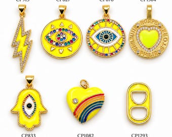 Gold Filled Enamel Charm Pendants,  Lightning Bolt, Evil Eye, Heart and Rainbow Pendant, Colorful Rhinestone Jewelry Charm, Lot048