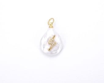 Dijes de perlas bañadas en oro de 18 k, perlas redondas blancas, micropavé con forma de rayo, pulsera de perlas, accesorios de oro perlado de 24 x 14 mm, CP713
