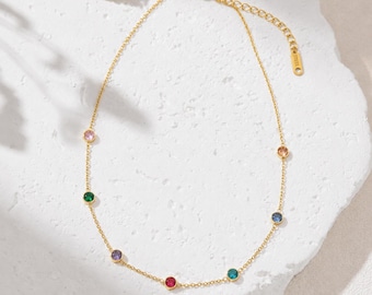 Stainless Steel Necklace, Gold Filled Rainbow CZ Station Necklace, Colorful Cubic Zirconia Chain Jewelry, Adjustable Dainty Necklace, SNL091