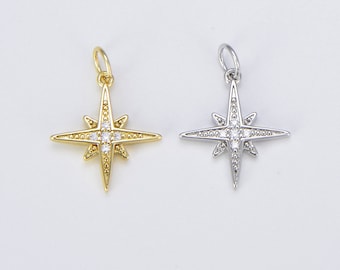 18K Gold Filled  Starburst CZ Pendant, Micro Pave Cubic Zirconia Star Charm, North Star Charm, Gold Star Charm for Earring Necklace, CP315