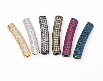 18K Gold  Curved Tube Beads, Long Tube Spacer Beads, CZ Micro Pave Large Hole Tube Beads Spacer, DIY, Cubic Zirconia, 35x6mm, BD666