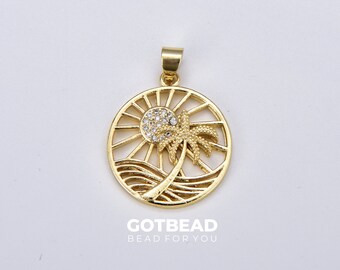 Palm Tree Sunrise Charm Gold Filled California Dream Beach Charm, Hawaii Charm, Vacation Tropical Summer Pendant for Gift Shop Supply CP1881