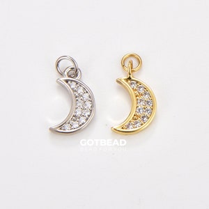 Collana con ciondolo a forma di luna crescente riempita in oro 24K con micro pavé di zirconi cubici, 13 x 7 mm, CP1049