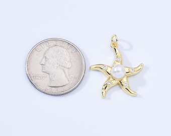 Dainty Starfish Pearl Charm, Gold Filled Starfish Pendant CZ Micro Pave, Starfish Charm for Bracelet Necklace DIY Jewelry Making, CP2167