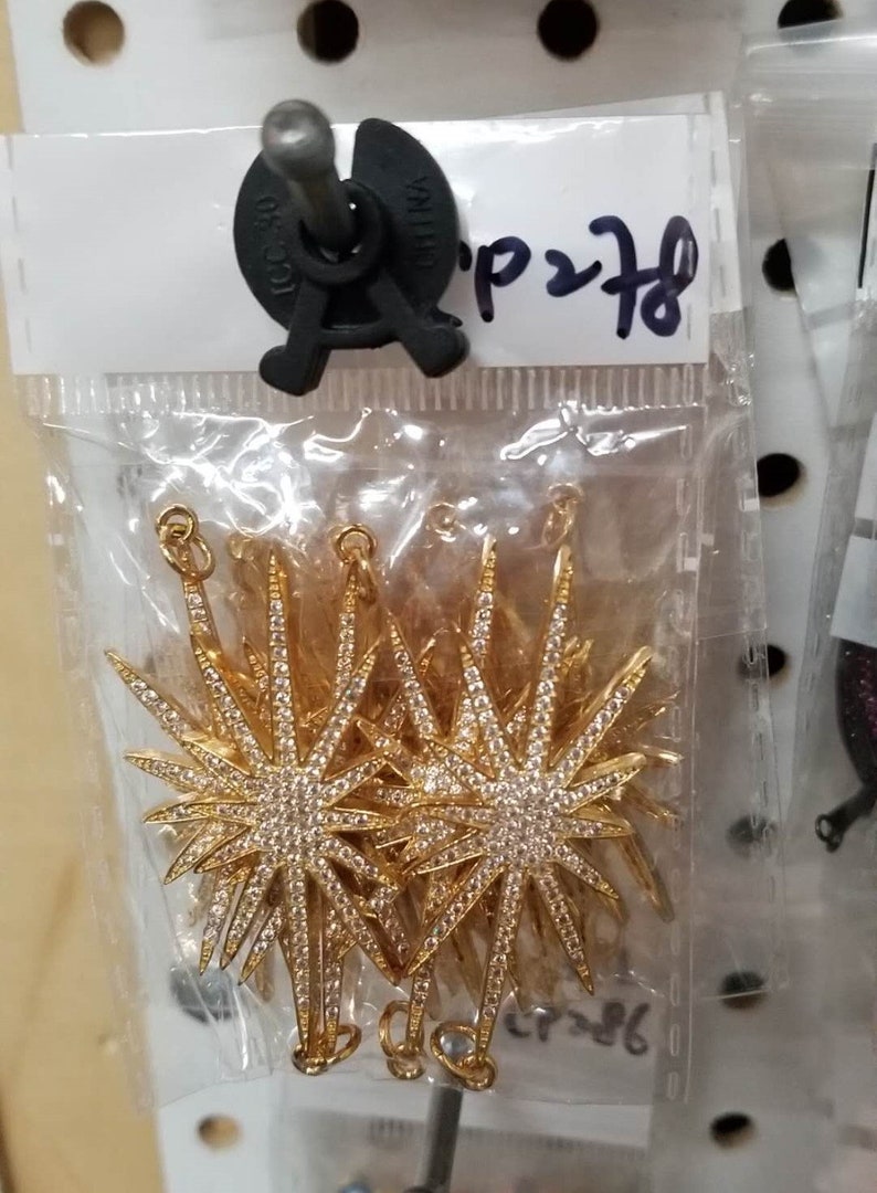 Cubic Zirconia 22K Gold Filled Starburst CZ Micro Pave Charm Pendant CP278 Star Star Pendant Star Necklace Star Charm 53x21mm