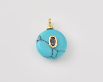 Gold Filled Turquoise Round Charm with Aqua CZ, Turquoise Gemstone Pendant, Blue Stone Necklace Bracelet Charm DIY Jewelry, CP2489
