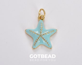 Dainty Seafoam Blue Starfish Pendant, Gold Filled Beaded Texture Seafoam Blue Enamel Starfish Charm, 19x15mm, CP1764