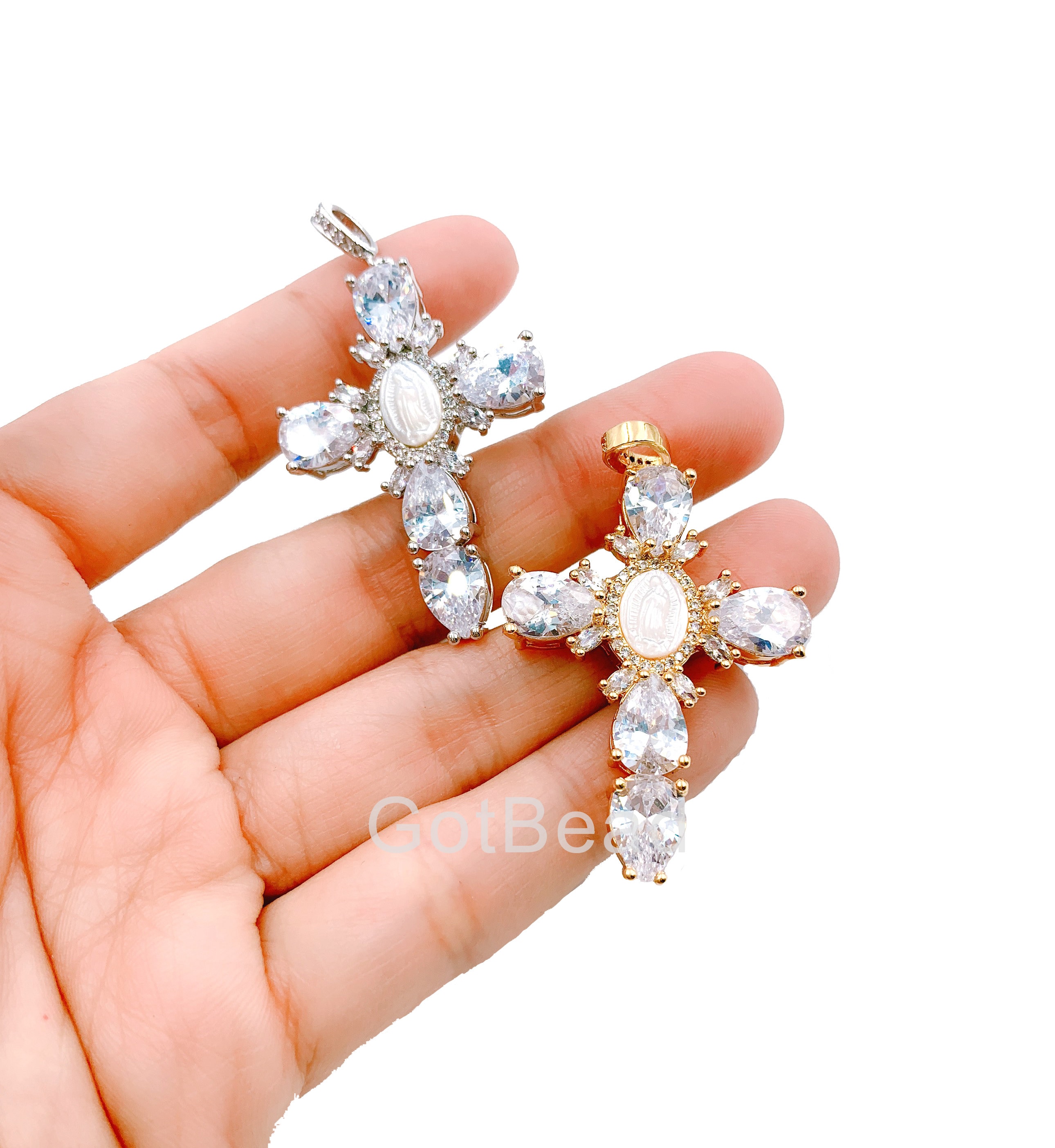 18K Gold Filled Mother of Pearl Virgin Mary, Crucifix, CZ Micro