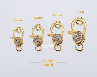 18K Gold CZ Lobster Clasps, Micro Pave CZ Lobster Claw Clasp with Jump Ring, Jewelry Clasps, Closure Bulk, 15mm/19mm/24mm/29mm, CL300