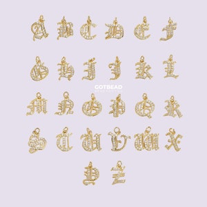 Ciondolo con lettera gotica, ciondolo con lettere iniziali in carattere inglese antico riempito in oro, ciondolo con alfabeto per la creazione di gioielli con collana personalizzata, CP1714