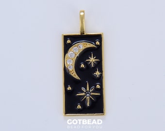 Black Enamel Celestial Tag Charm, Dainty Gold Crescent Moon and Star Pendant for Necklace Bracelet Findings for Jewelry Making, CP1637