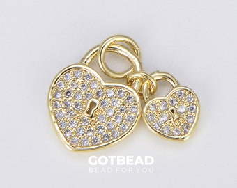 Ciondolo con lucchetto a cuore riempito in oro 18 carati, collana con ciondolo a forma di lucchetto a cuore con micro pavé in oro CZ per componente di collana di dichiarazione, CP1486