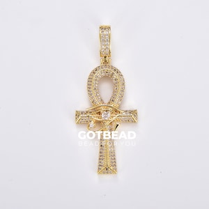 Large Ankh Gold Filled CZ Micro Pave Cross Pendant, Eye Of Ra Cubic Zirconia Charm Micro Pave Jewelry Findings, 54x22mm, CP1864